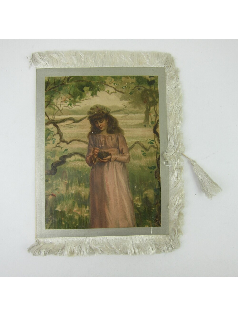 Victorian Valentine Card Girl Holds Bird Nest Silk Fringe 4 Panels Antique 1882